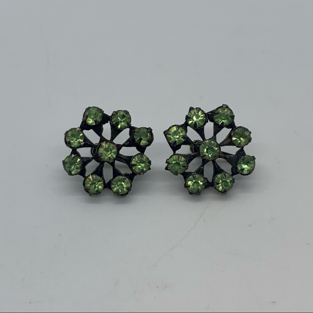 Vintage Sterling prong set green glass earrings